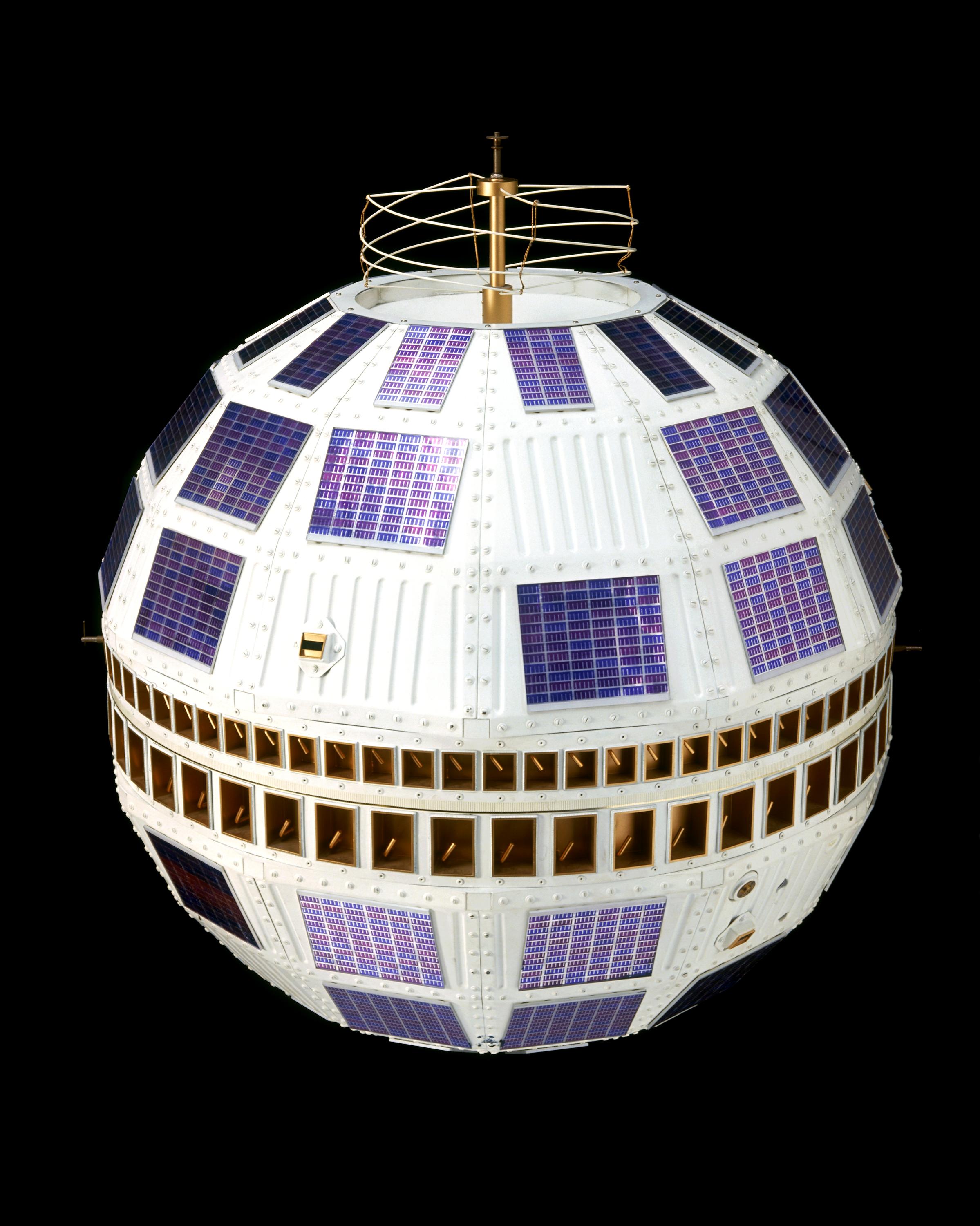 Telstar 1 communications satellite, 1962 (replica). Made by Bell Systems.