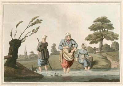 Women collecting leeches. Print, coloured aquatint from The Costume of Yorkshire.