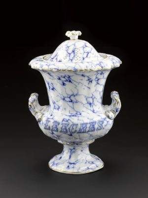 Blue and white pharmacy leech jar, marbled and gilt earthenware