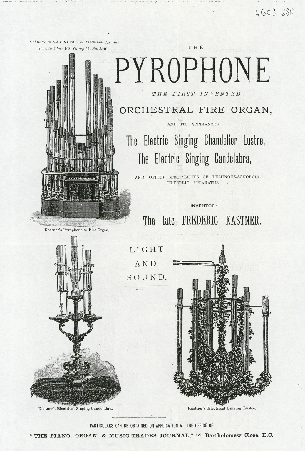 Poster advertising the Orchestral Fire Organ, Electric Singing Chandelier Lustre and Electric Singing Candelabra. (Science Museum, London)
