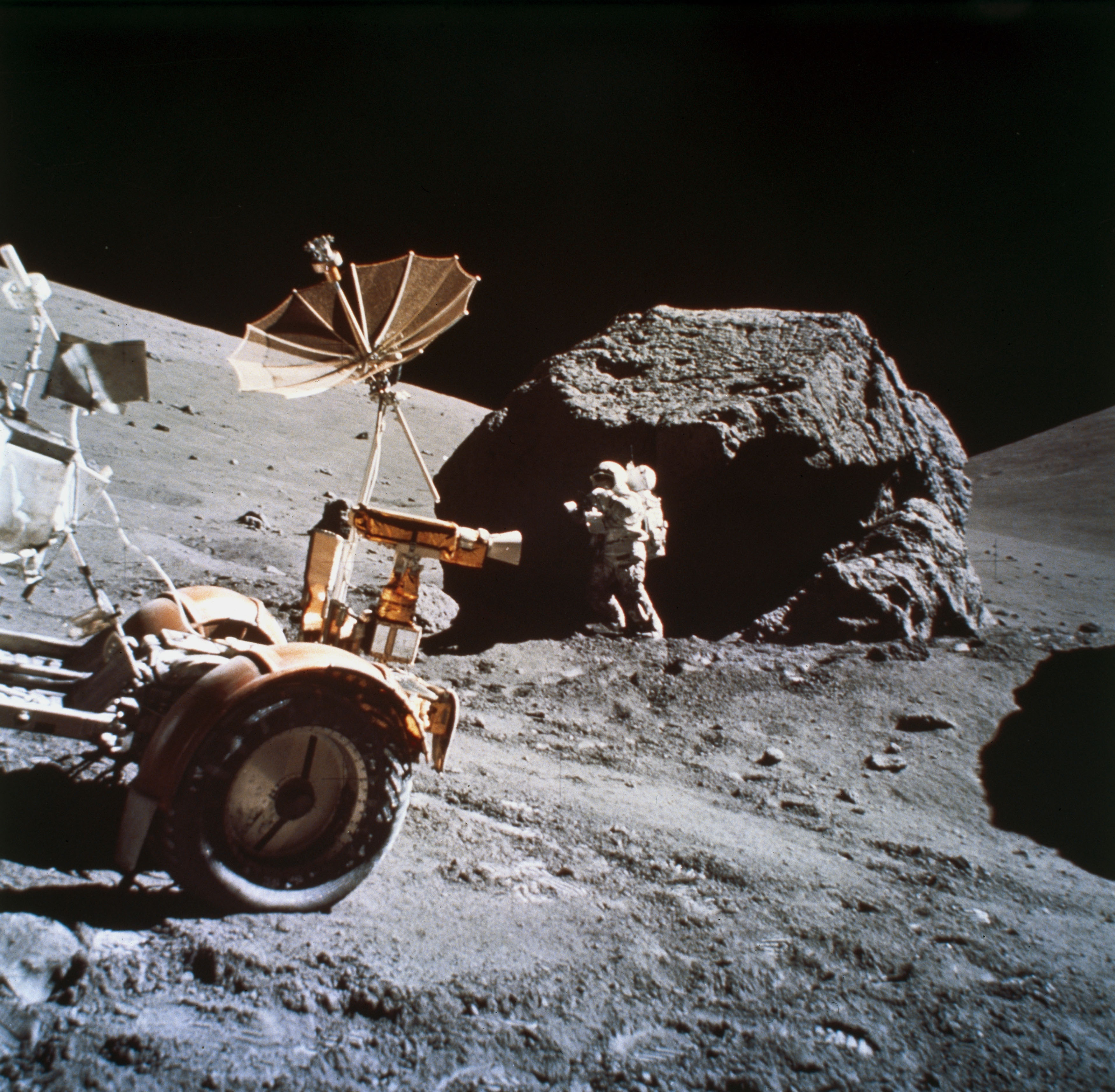 Apollo 17 astronaut Harrison Schmitt collecting samples