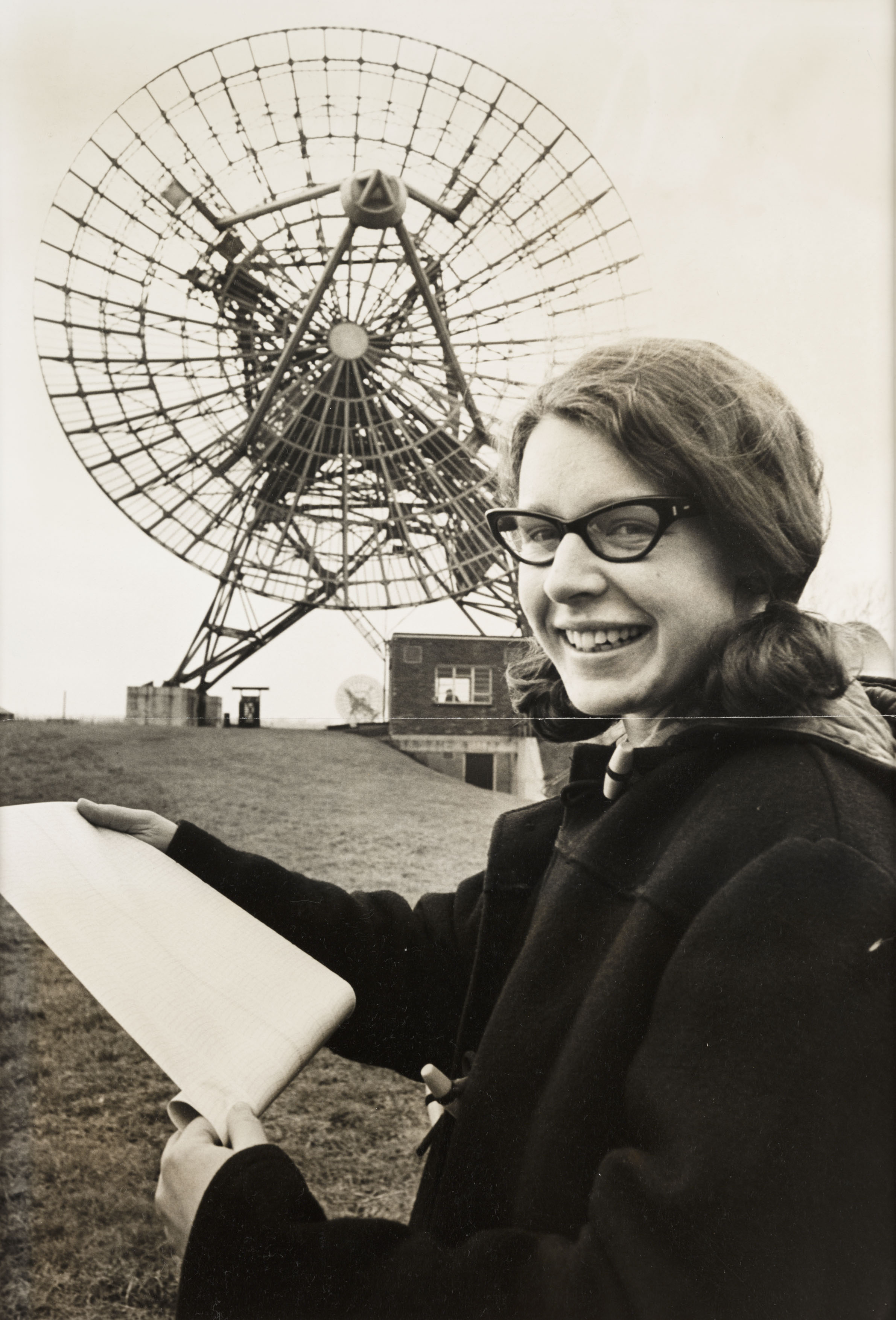 Jocelyn Bell photographed in 1968 outside the Mullard Radio Astronomy Observatory at the University of Cambridge. 