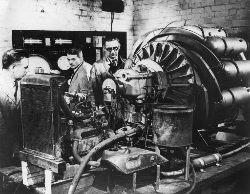 Frank Whittle, G B Bozzoni and H Harvard testing the first British Jet engine