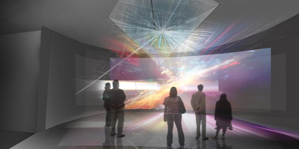 An artists impression of the immersive collision experience in the Collider exhibition. Image credit: Science Museum / Nissen Richards Studio