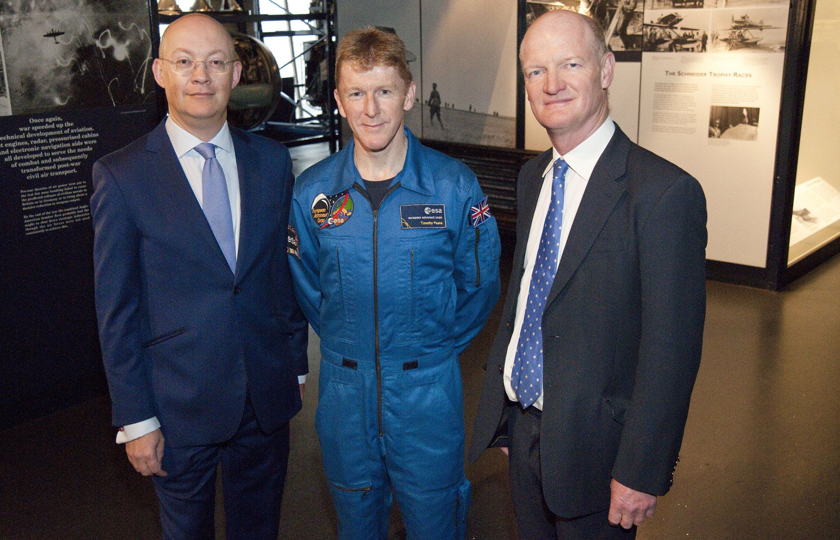 Ian Blatchford, Science Museum Director (l) welcomes Tim Peake and Science Minister David Willetts (r) to the Museum. Image: Science Museum