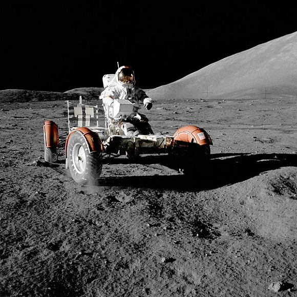 Commander Gene Cernan test-driving an empty lunar rover on the Moon, shortly before Apollo 17 Mission’s first Extra-Vehicular Activity. Image credit: NASA