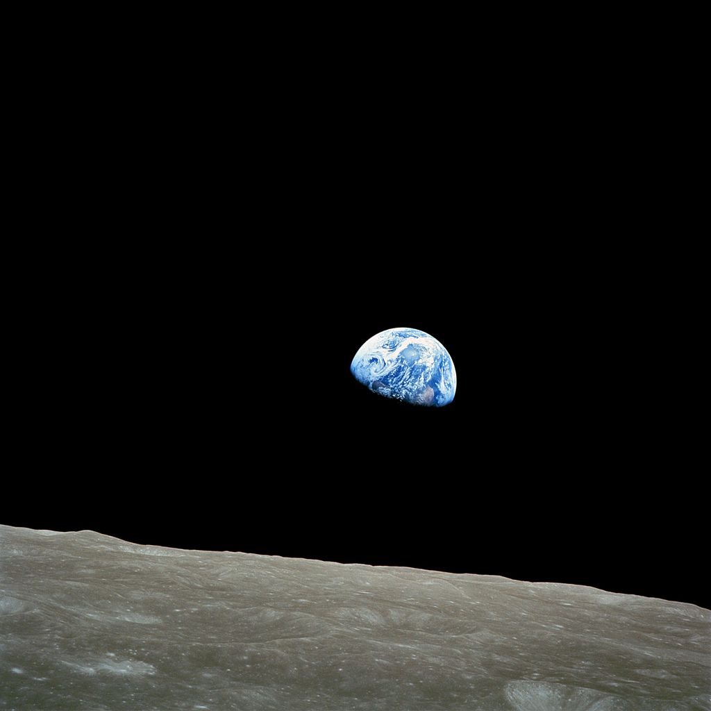 Earthrise over the moon, taken by the Apollo 8 crew, 24 Dec 1968.