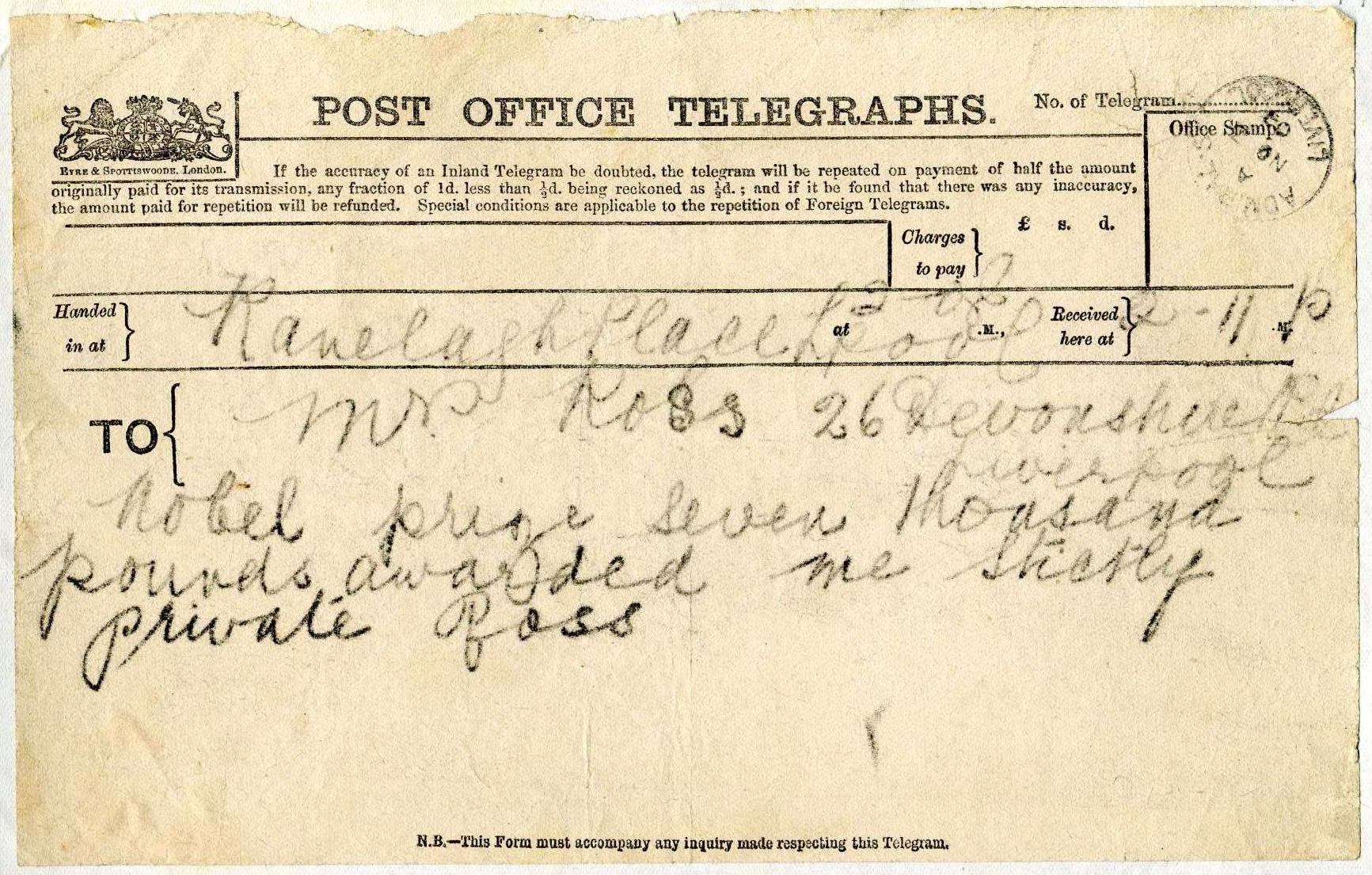 Telegram from Mr Ross to his wife, 1916