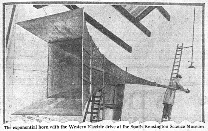 An early photograph of the horn prior to its installation at the Science Museum. Published in Amateur Wireless, October 19, 1929. Credit: British Library