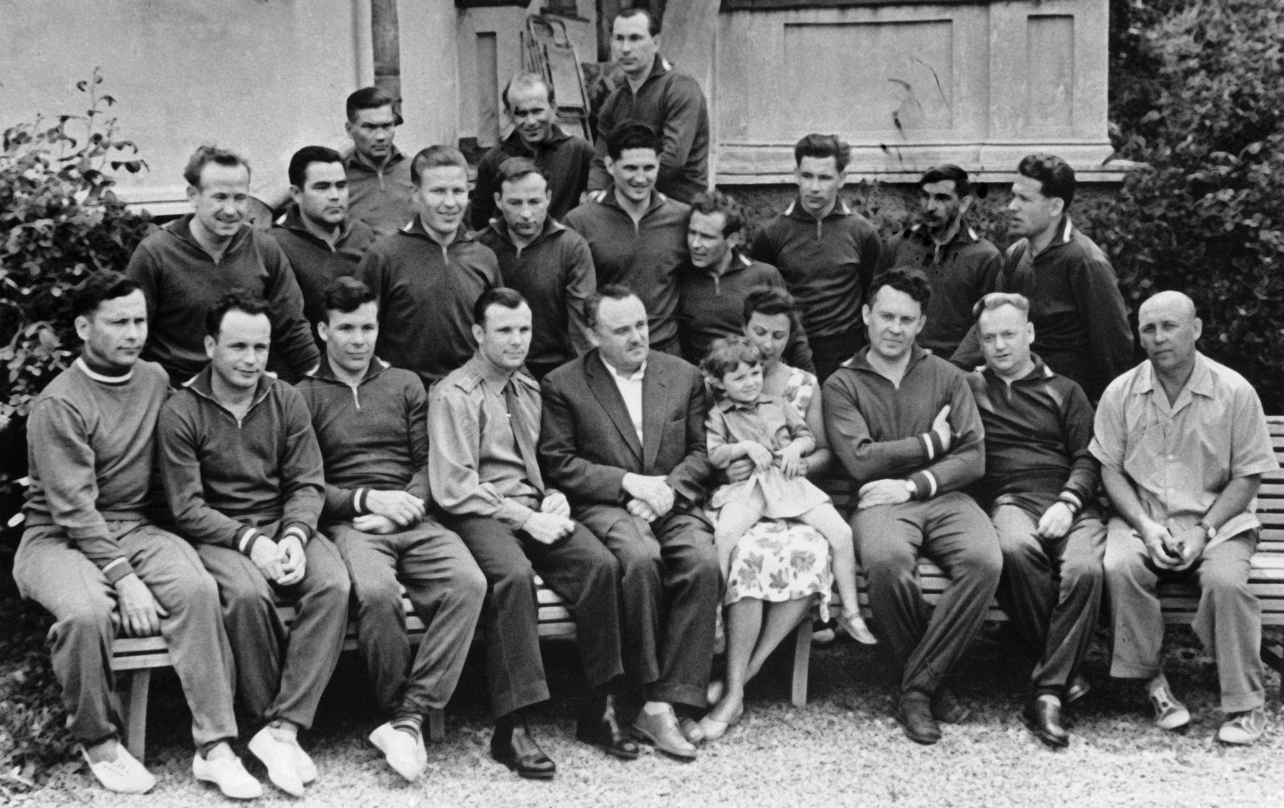 The first 20 Soviet Cosmonauts. Yuri Gagarin is sitting to the left of Sergei Korolev the Chief Designer of the Soviet space programme.