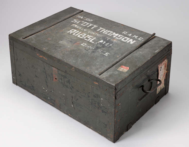 Wooden chest used by Major Scott Thomson, RAMC, to transport penicillin supplies to North Africa during the Second World War, 1939-1945.