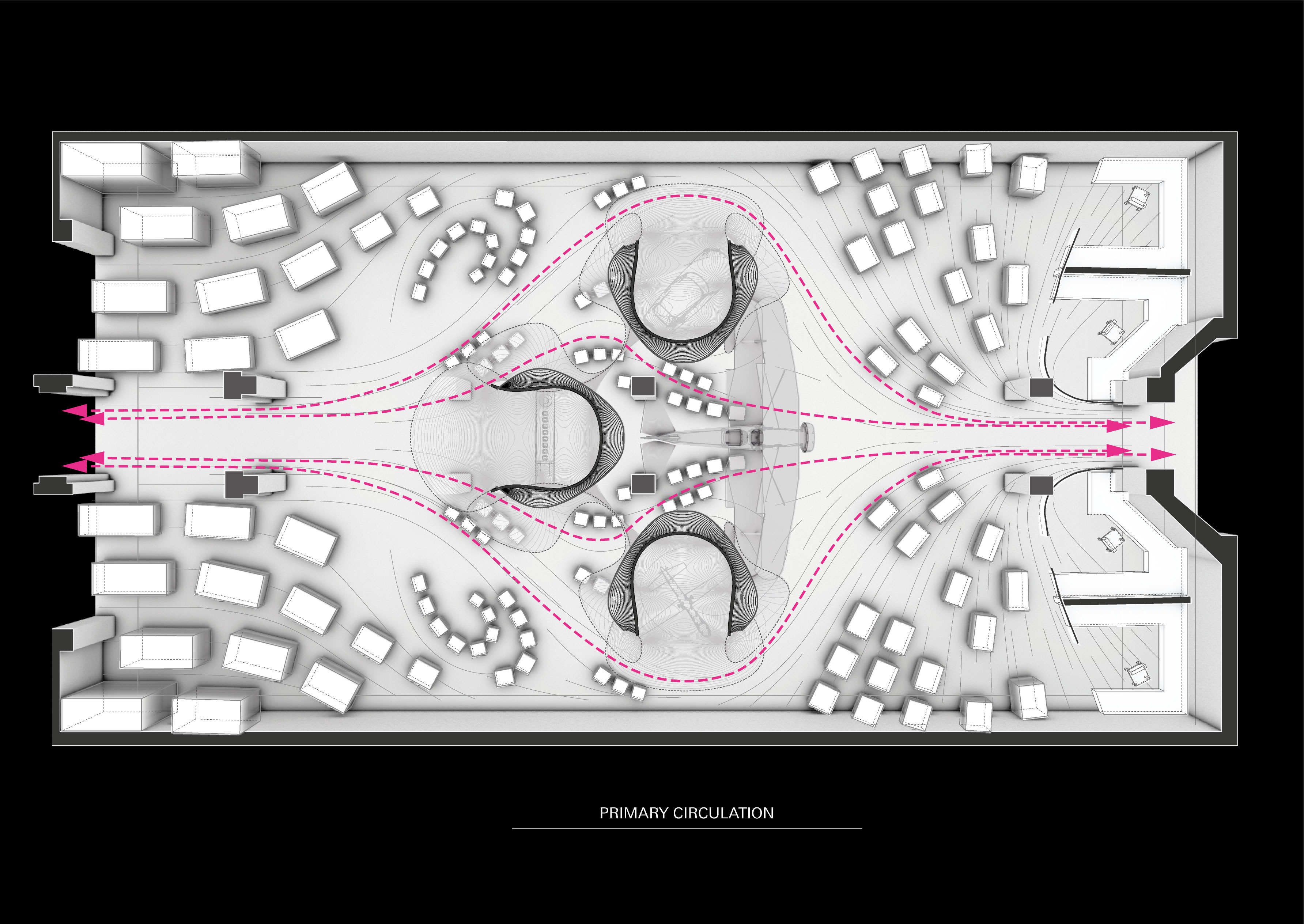 A plan diagram of the Mathematics Gallery. The gallery layout follows the Handley Page aeroplane's turbulence field. Credit: Zaha Hadid Architects.