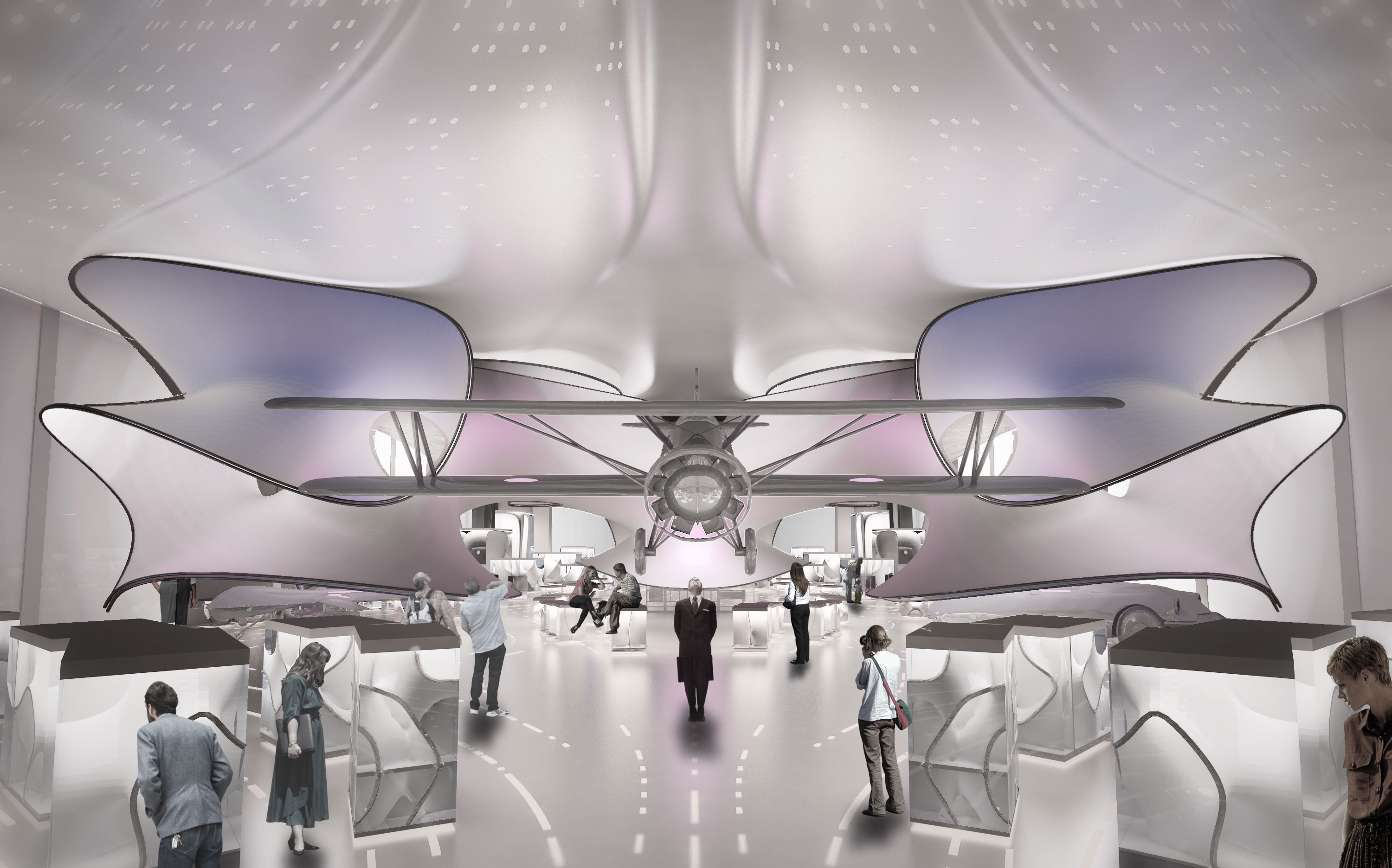A view of the new Science Museum Mathematics Gallery featuring the Handley Page aircraft. Credit: Zaha Hadid Architects
