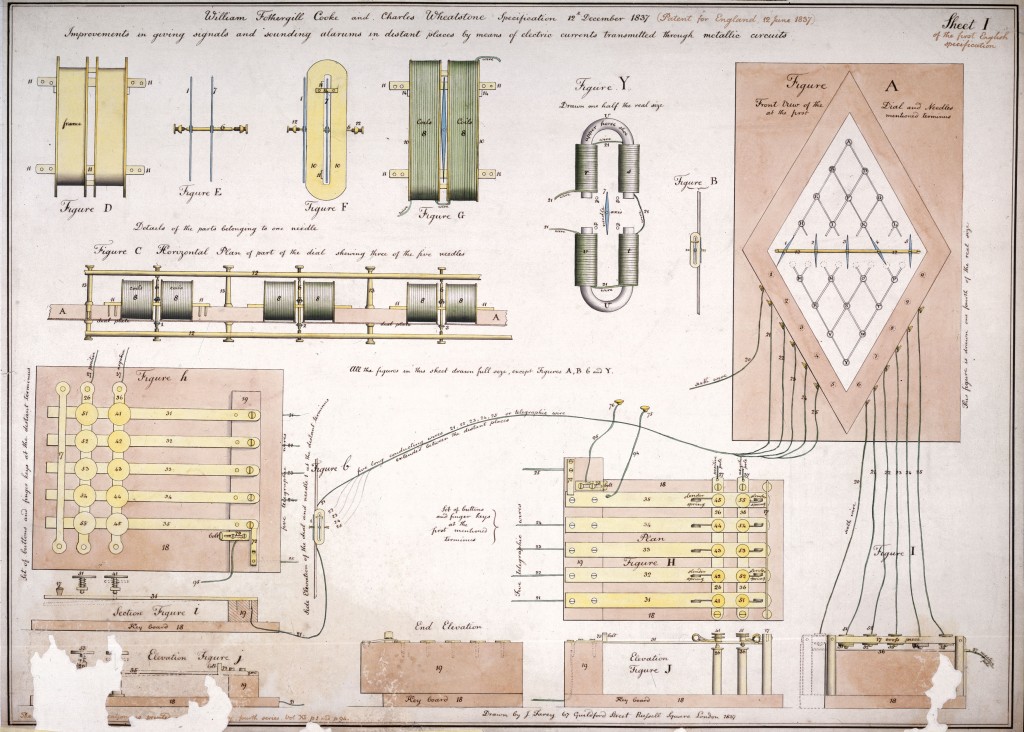 Sheet 1 of the drawings for Cooke and Wheatstone’s 1837 electric telegraph © Science Museum/ Science and Society Picture Library