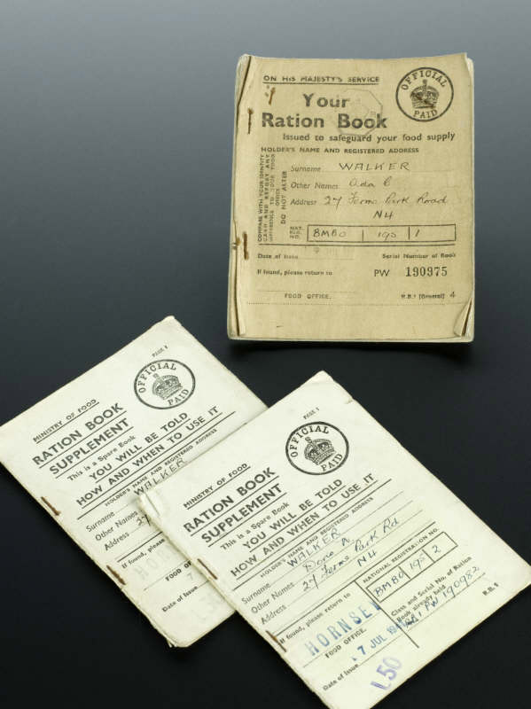 Used Ration Book, and two partly used Ration Book Supplements, issued by the Ministry of Food during the second World War. Image credit: Science Museum