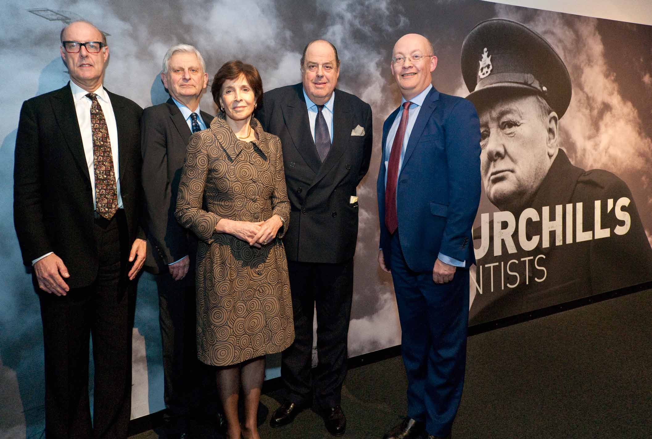 From left to right: Professor Sir David Cannadine, Andrew Nahum, Lead Curator, Dame Mary Archer, Sir Nicholas Soames and Ian Blatchford at the official opening of Churchill's Scientists 