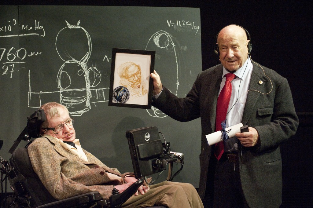 Alexei Leonov presents his drawing to Prof Stephen Hawking © Science Museum