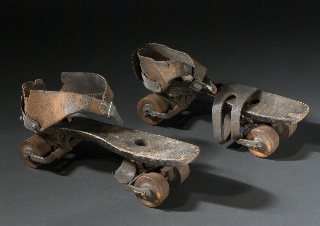 Pair of wooden roller skates, c 1880. Credit: Science Museum. 