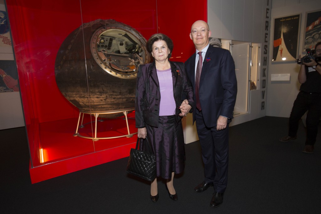 Dr Valentina Tereshkova and Science Museum Director Ian Blatchford stand in front of Vostok 6 in Cosmonauts: Birth of the Space Age © Science Museum PIX.Tim Anderson