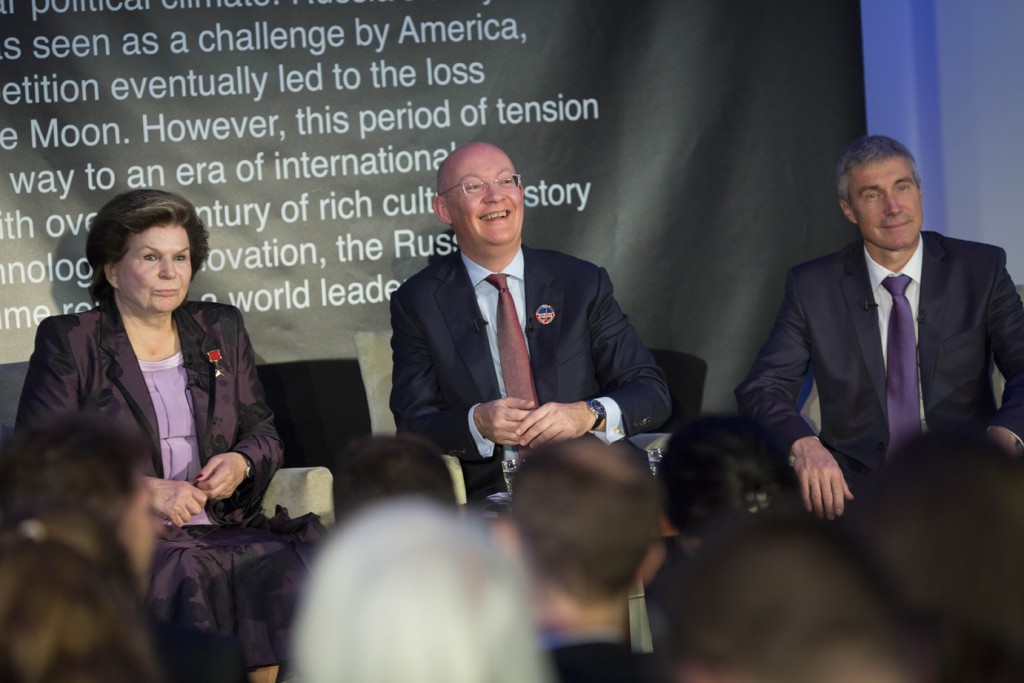 The launch of Cosmonauts: Birth of the Space Age (L-R) Dr Valentina Tereshkova, Science Museum Director Ian Blatchford and Sergei Krikalev © Science Museum PIX.Tim Anderson