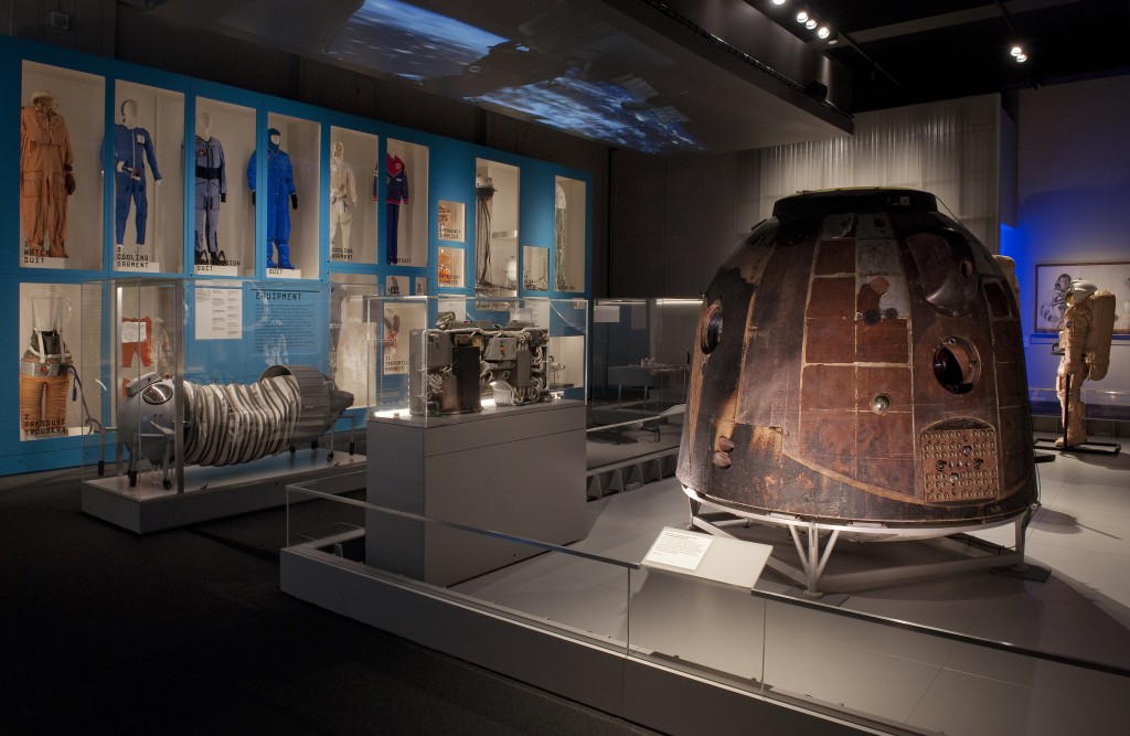 The Soyuz TM-14 descent module and the Outposts in Space section of the Cosmonauts exhibition. Credit: Science Museum
