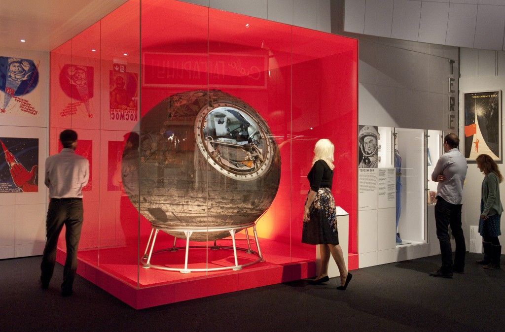 Visitors with Vostok 6 at the Cosmonauts exhibition. Credit: Science Museum