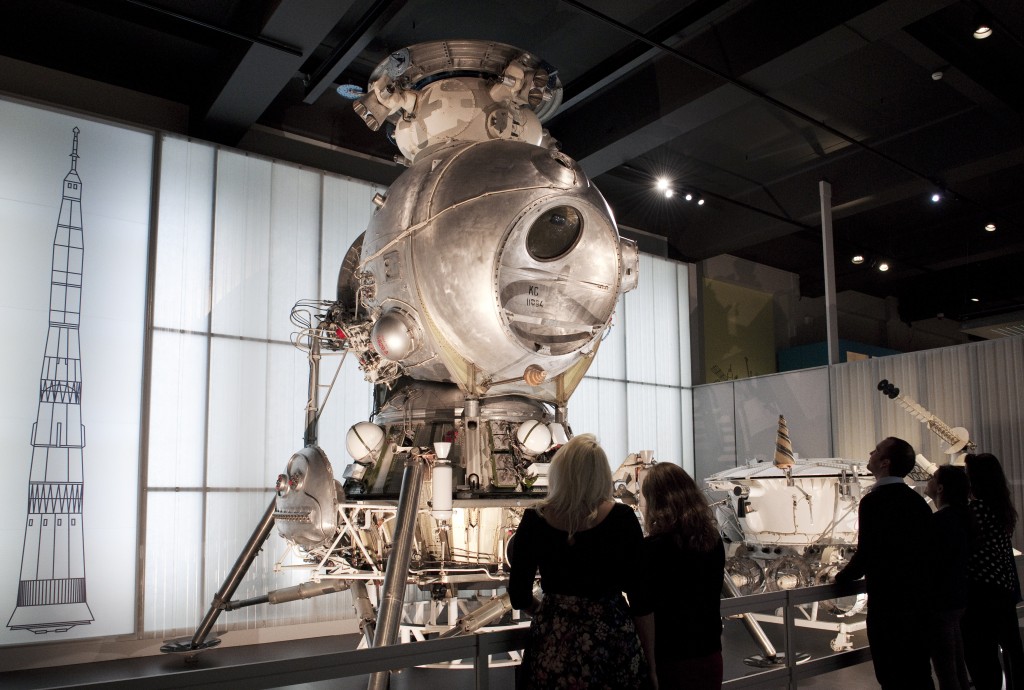 Visitors with the LK-3 lunar lander in the Cosmonauts exhibition. Credit: Science Museum