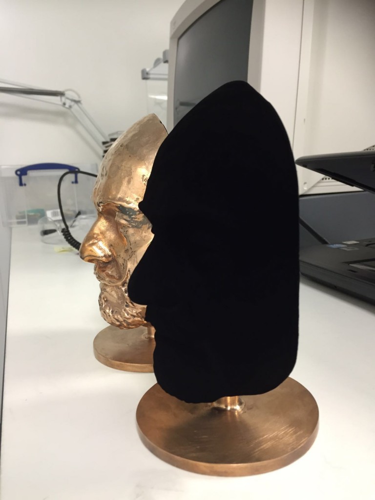 Two busts of The One Show presenter Marty Jopson, one coated with Vantablack. Credit: Surrey Nanosystems