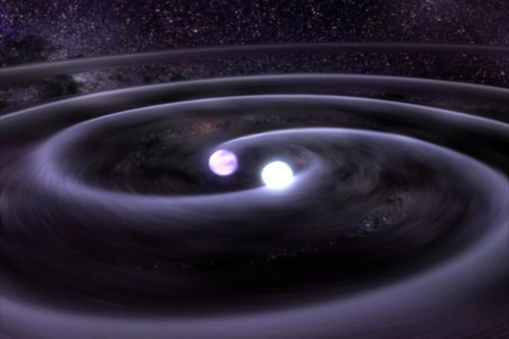 Artists illustration of gravitational waves produced by a binary system of neutron stars. Credit: NASA