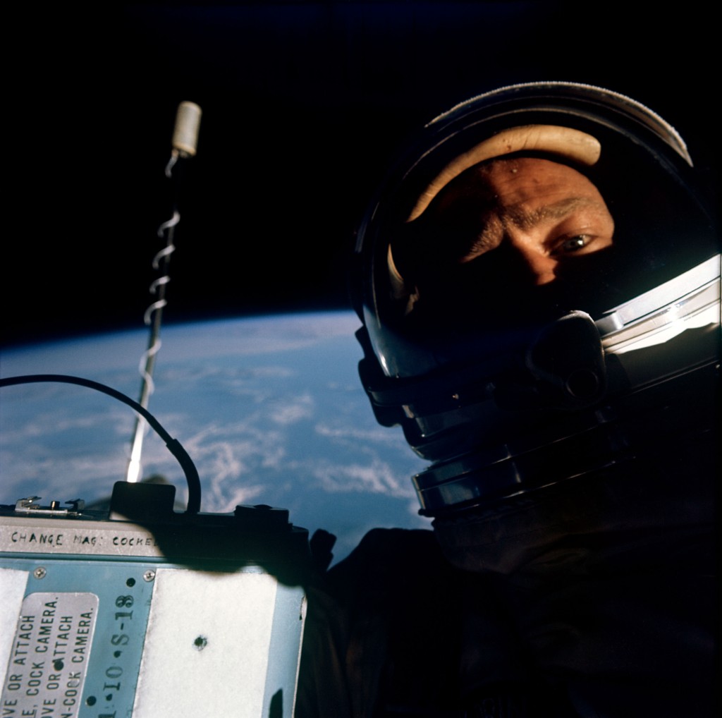 Buzz Aldrin taking the first ‘selfie in space,’ Gemini 12, November 1966. © NASA