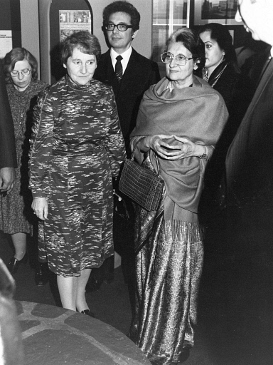 Dame Margaret Weston (Director of Science Museum) and Mrs Gandhi at the opening of Science in India. Science Museum, 1982.
