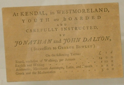 Advertisement for Jonathan and John Dalton’s school at Kendal, about 1785. 