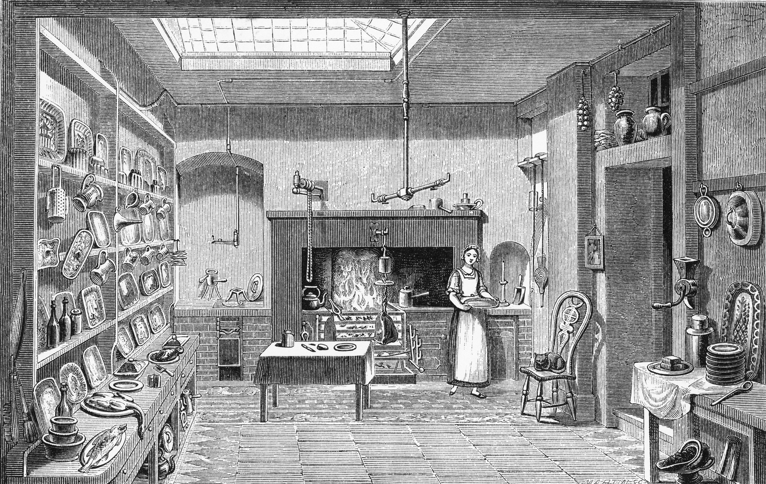 Illustration from Modern Domestic Cookery based on the work of another famous food writer Mrs Rundell, showing a well-equipped Early Victorian kitchen, 1855.