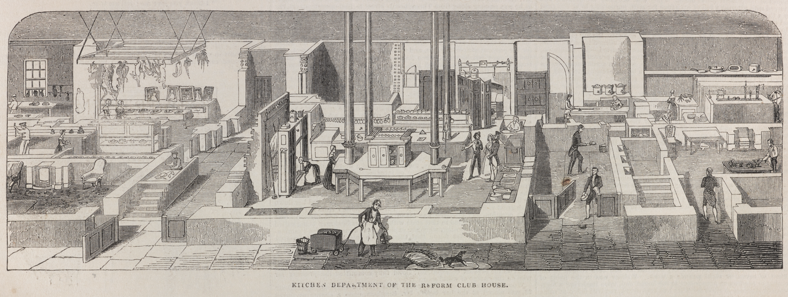 View of Soyer’s new kitchen at the Reform Club House, from the Illustrated London News, December 1842. Soyer can be seen right of centre showing two guests round.
