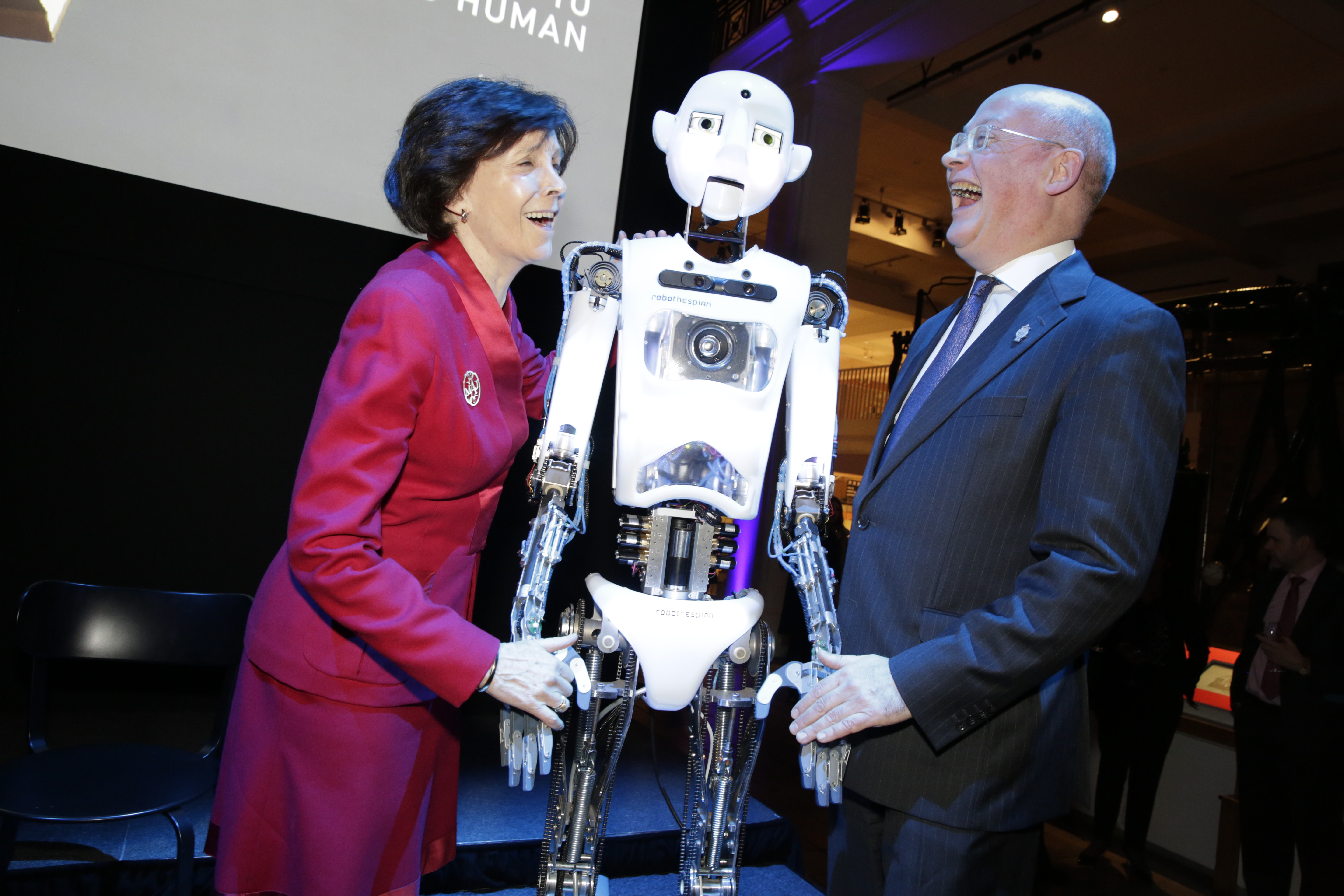 Dame Mary Archer and Science Museum Director Ian Blatchford meet Robothespian 
