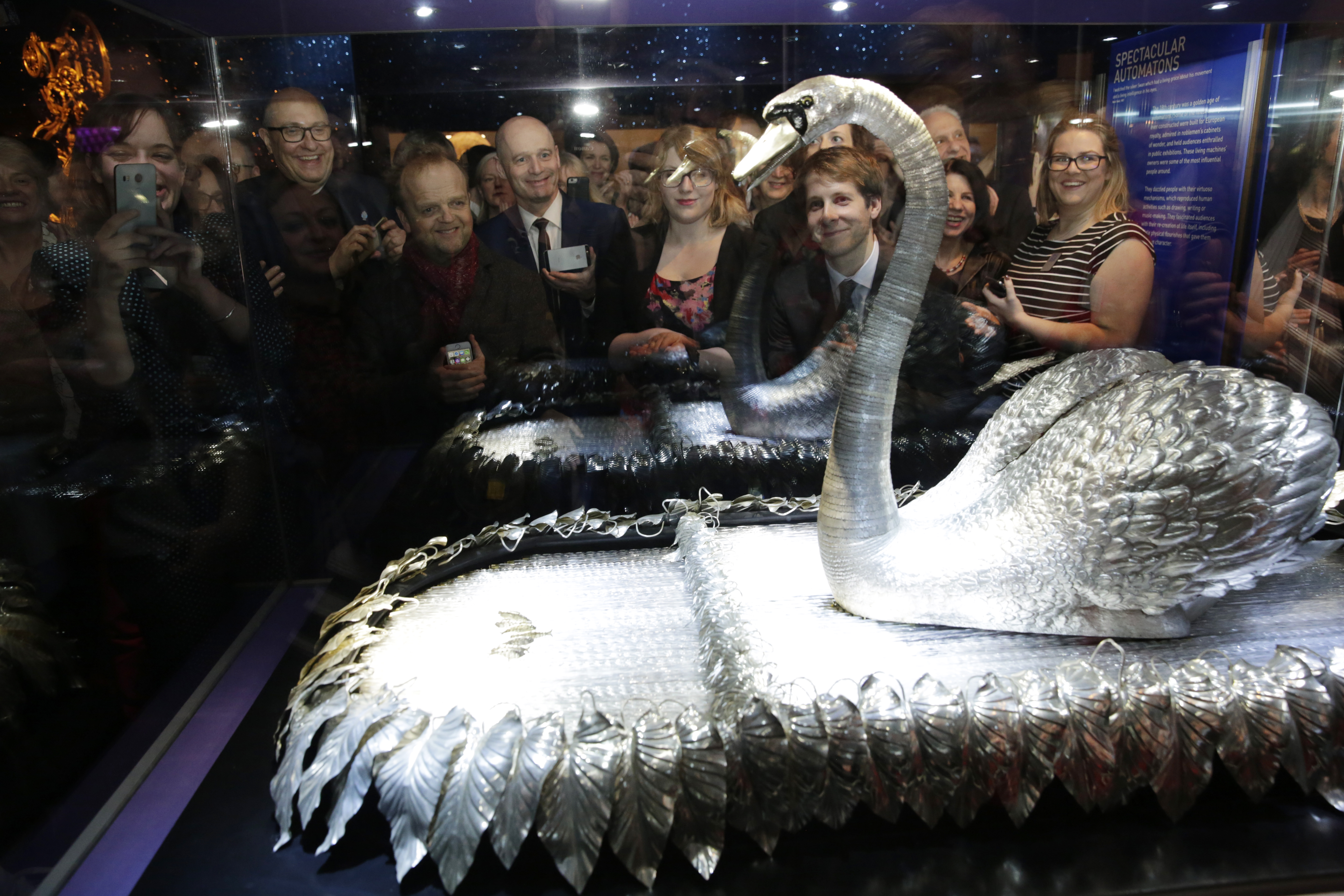 Science Museum Director Roger Highfield and actor Toby Jones admire the Silver Swan 