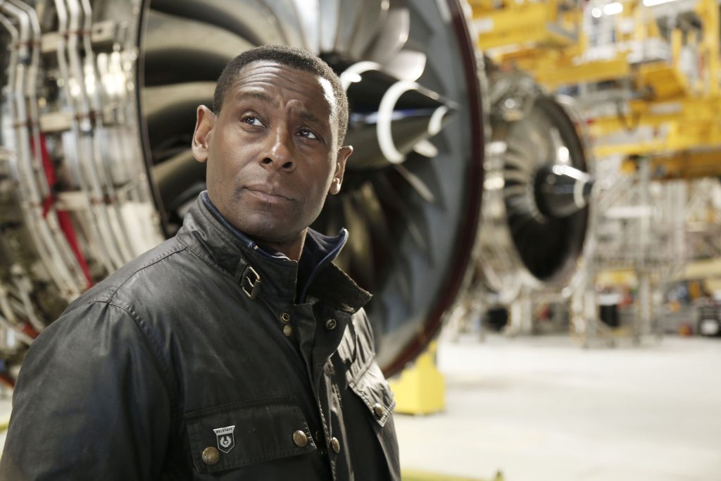 David Harewood pictured in front of a jet engine