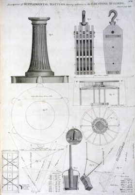 Engraving made in 1790 by J Record showing a variety of elements of the Eddystone lighthouse building.