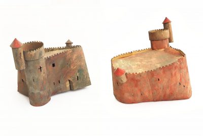 Handmade paper castle (front and reverse) found behind a diorama depicting agricultural life in Medieval times ©2017 D. Russell