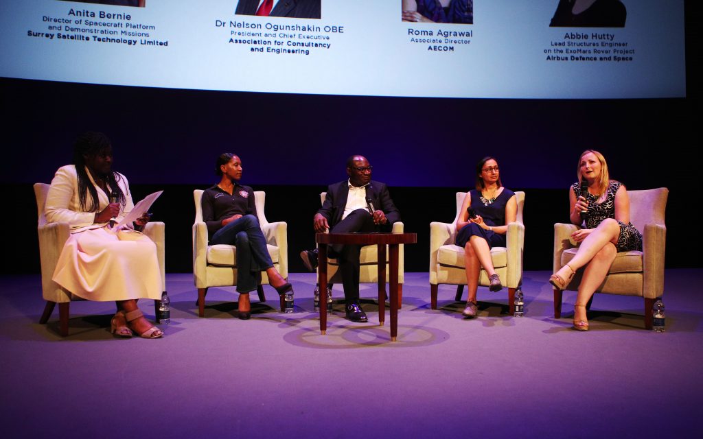 Discussion panel before the film screening with (L-R) Dr Maggie Aderin-Pocock MBE, Anita Bernie, Dr Nelson Ogunshakin OBE, Roma Agrawal and Abbie Hutty