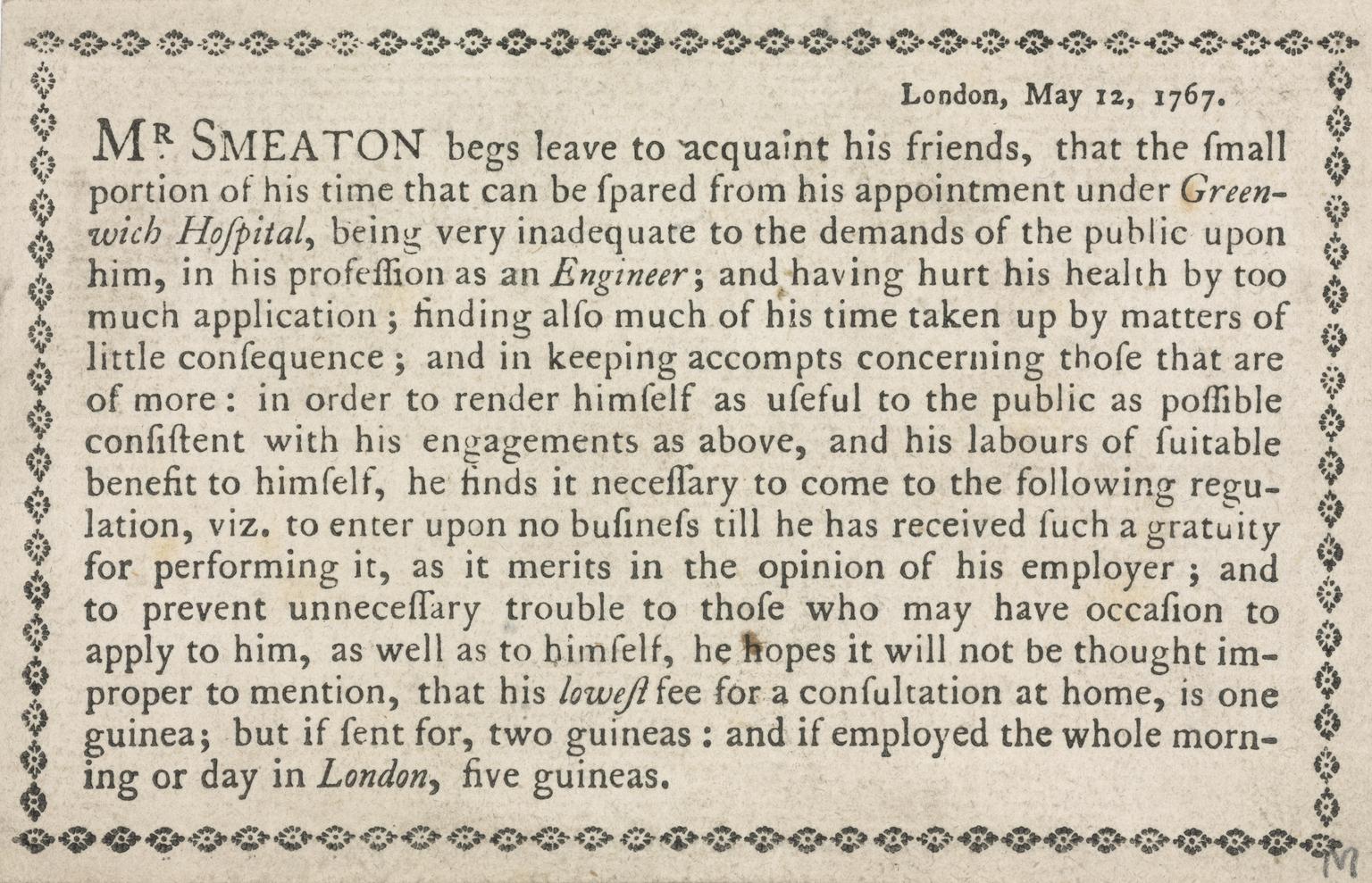 Trade card: Mr. Smeaton, London. (Calv. 362)