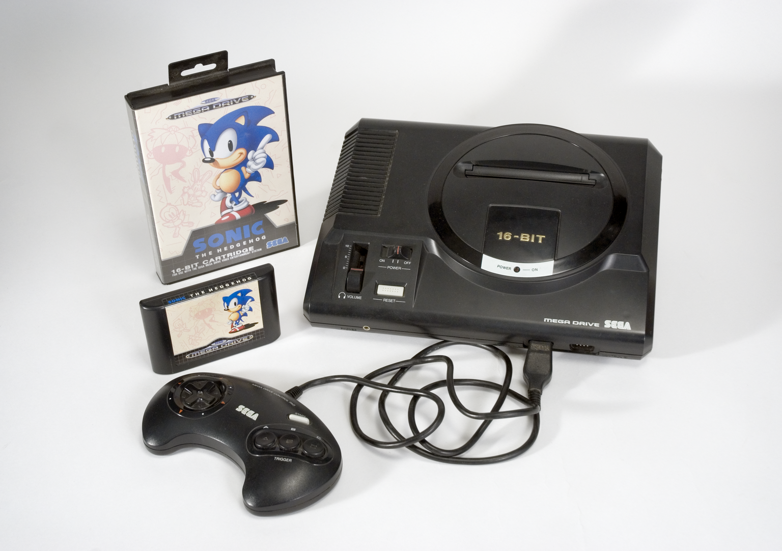 Sonic The Hedgehog games cartridge with 16-bit Mega-Drive 
