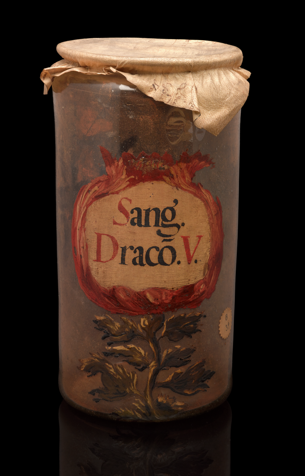 Glass drug jar labelled "Sang Draco.V." (Dragon's blood), probably Spanish, 17th or 18th century