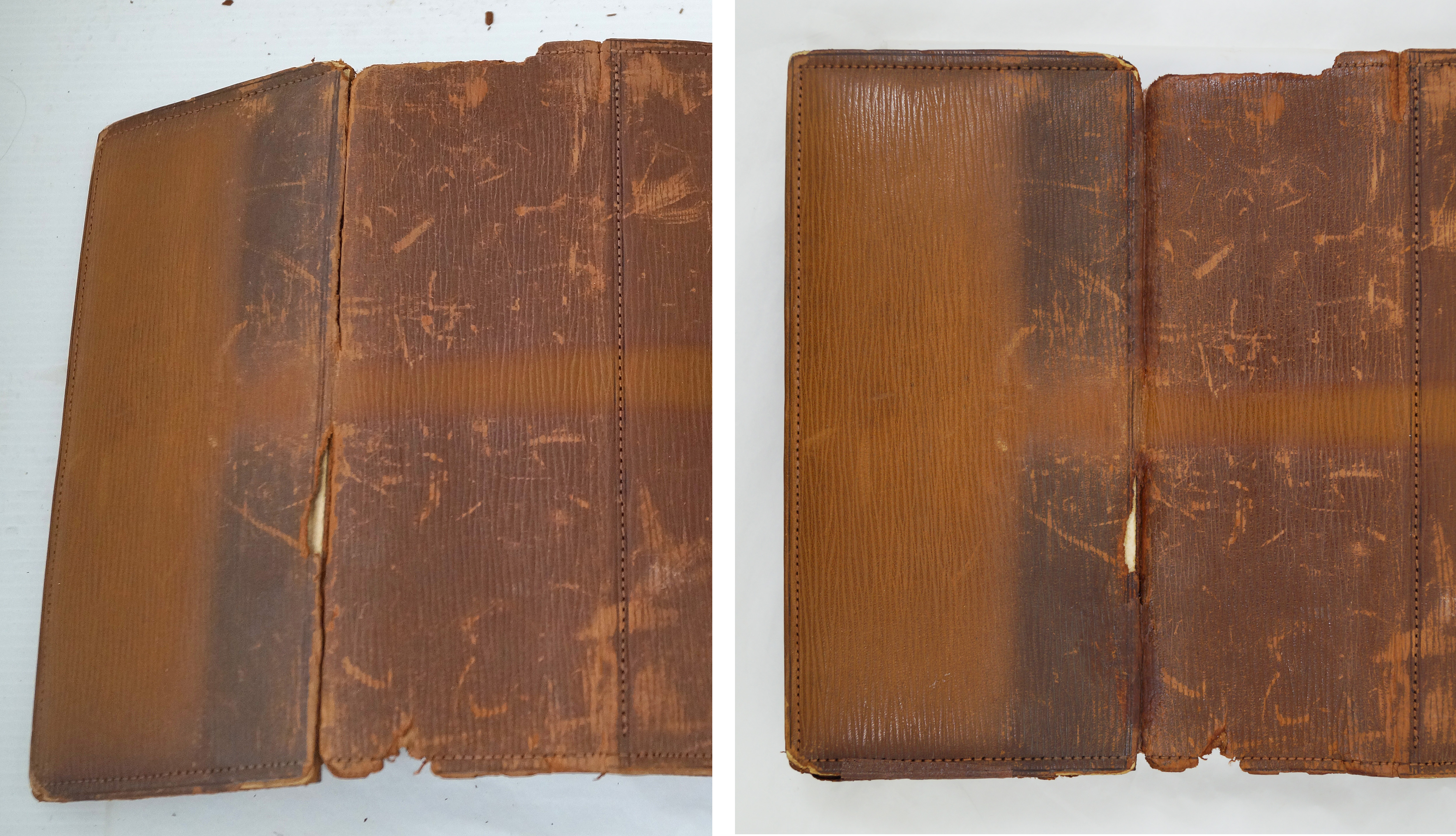 Tears in Ernest Shackleton's wallet before and after Japanese tissue repair.