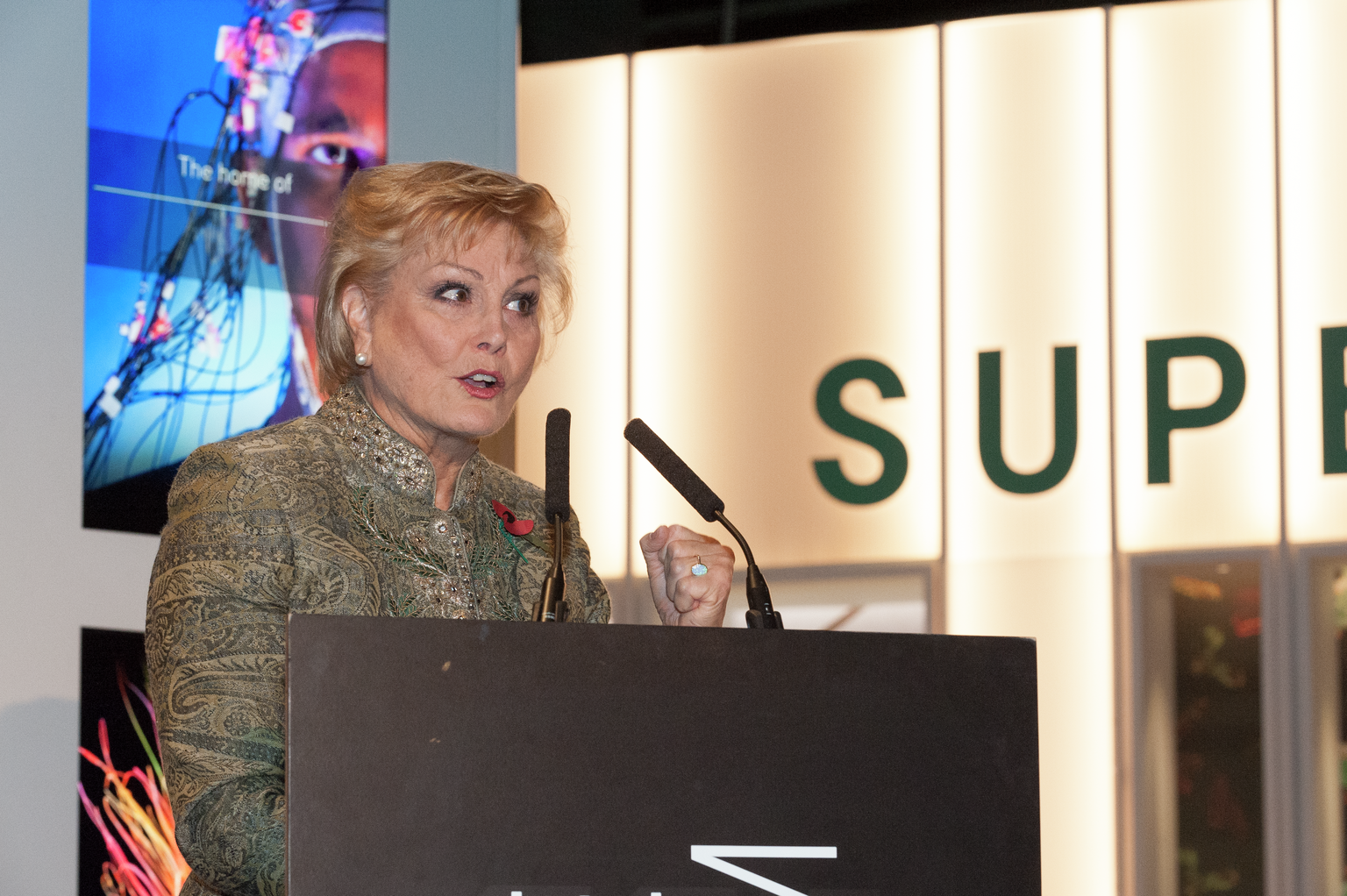 Angela Rippon at the opening of the Superbugs exhibition