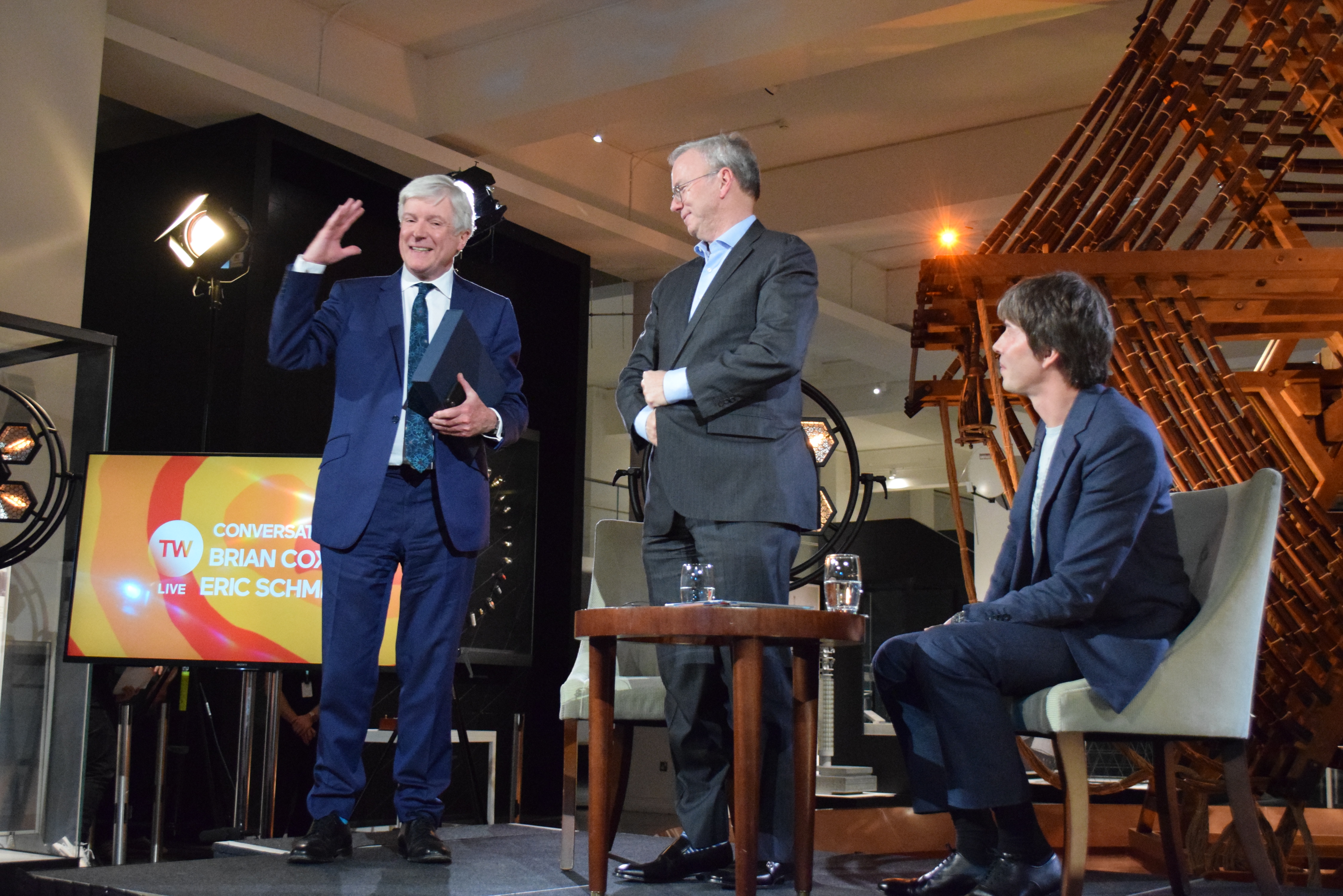 Lord Hall on stage with Brian Cox and Eric Schmidt