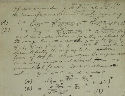 Exceprt from Letter by Ramanujan on mock theta functions. Credit Trinity College Cambridge