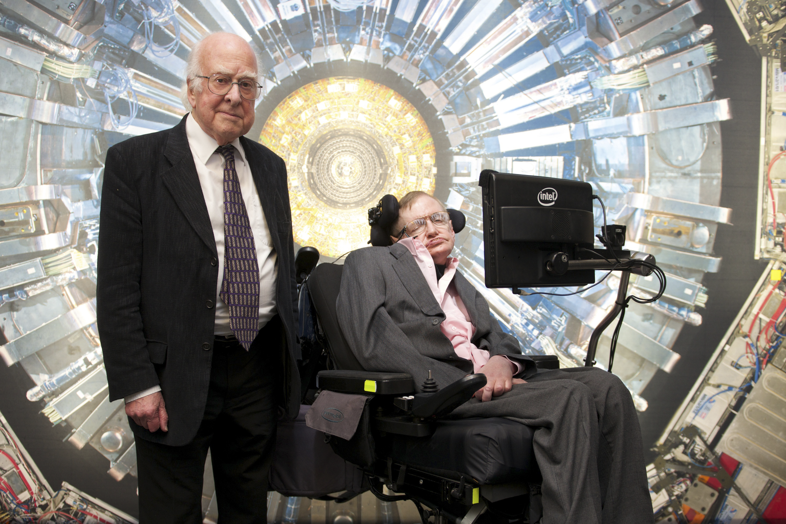 Peter Higgs and Stephen Hawking in the Science Museum's Collider exhibition in 2013.