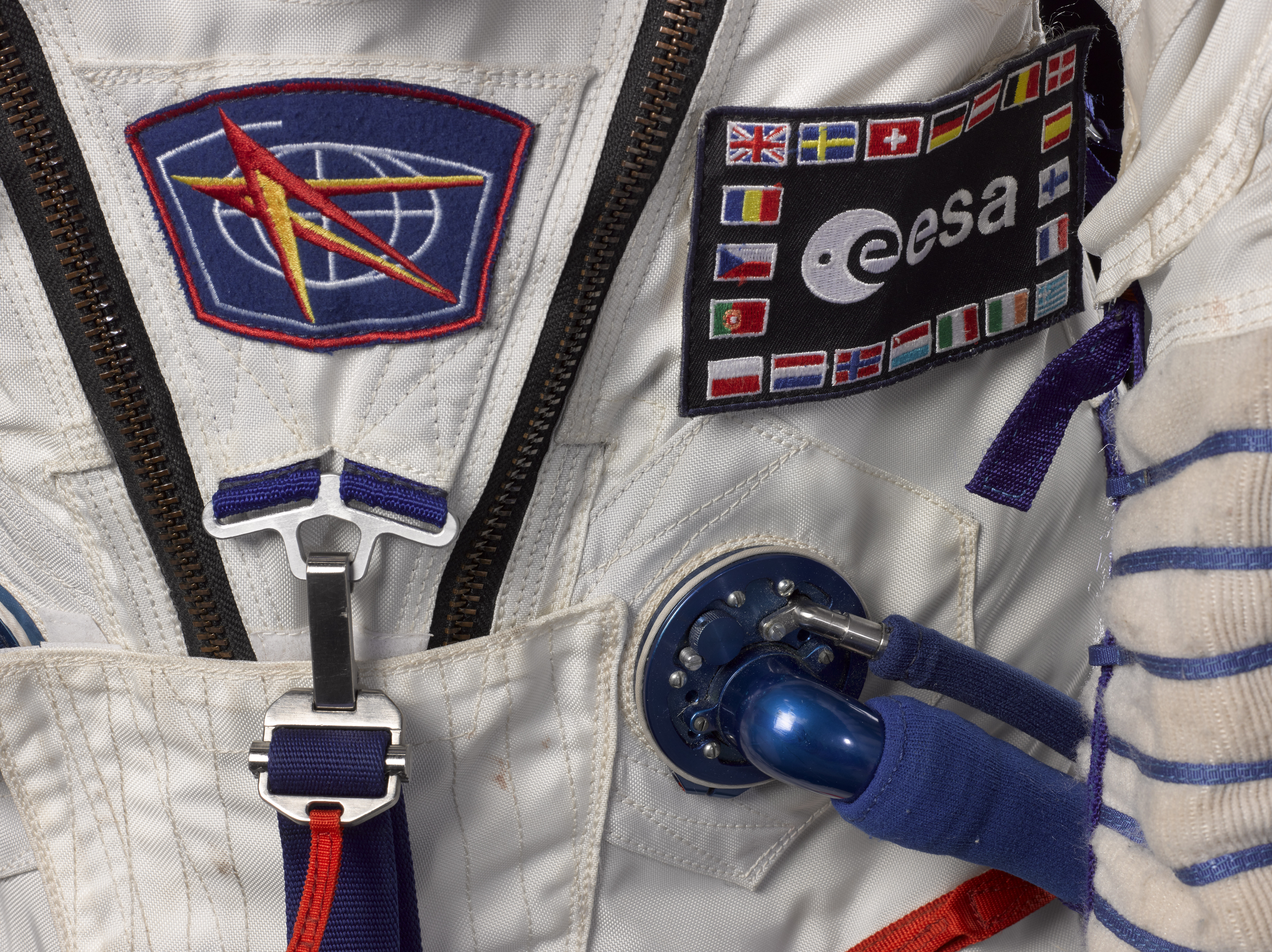 Detail of the Sokol KV-2 emergency suit worn by British ESA astronaut Tim Peake. 