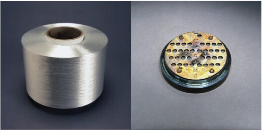 Roll of nylon thread and a Spinneret used to make make it. Made by DuPont (UK) Ltd.